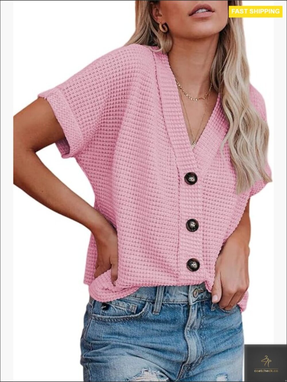 Waffle Knit Button Down Shacket Casual V Neck Short Sleeve Blouse Jacket Chic